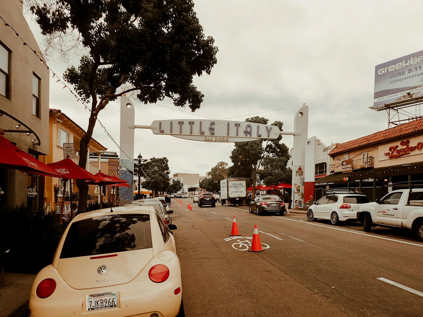 Street view beneath the Little Italy sign in San Diego
